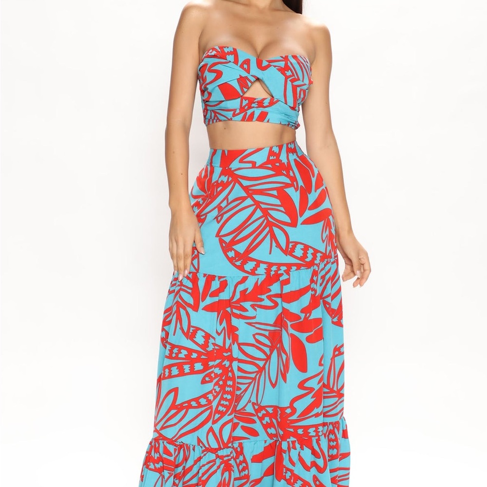 Fashion Nova Red and Blue Tropical Two-Piece Set